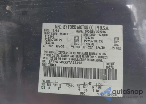 1999 Ford Ranger Xl/Xlt из США, поврежденный, VIN 1FTYR14VXXTA38493